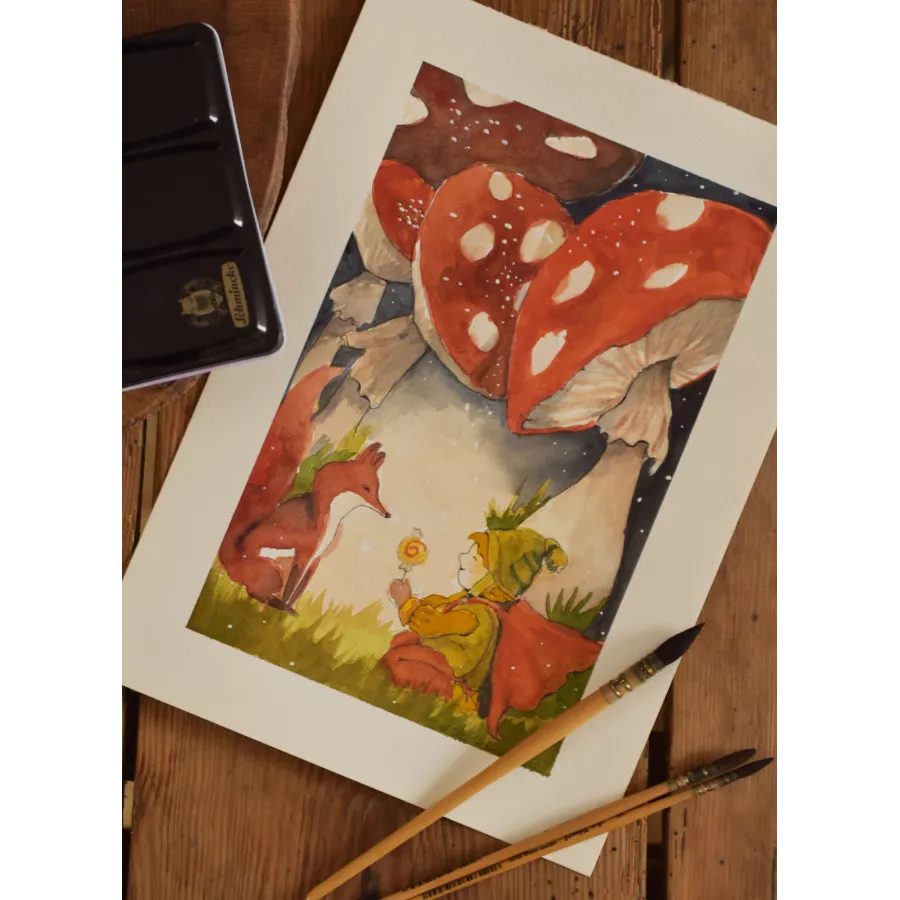 Boy and Fox in the Woods – Original Watercolor Illustration, A4