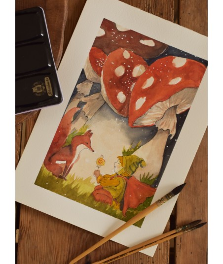 Boy and Fox in the Woods - Original Hand-Painted Watercolor Illustration A4